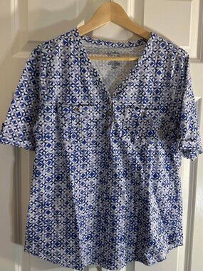Croft & Barrow Blue Tile Print Henley Top - Size M